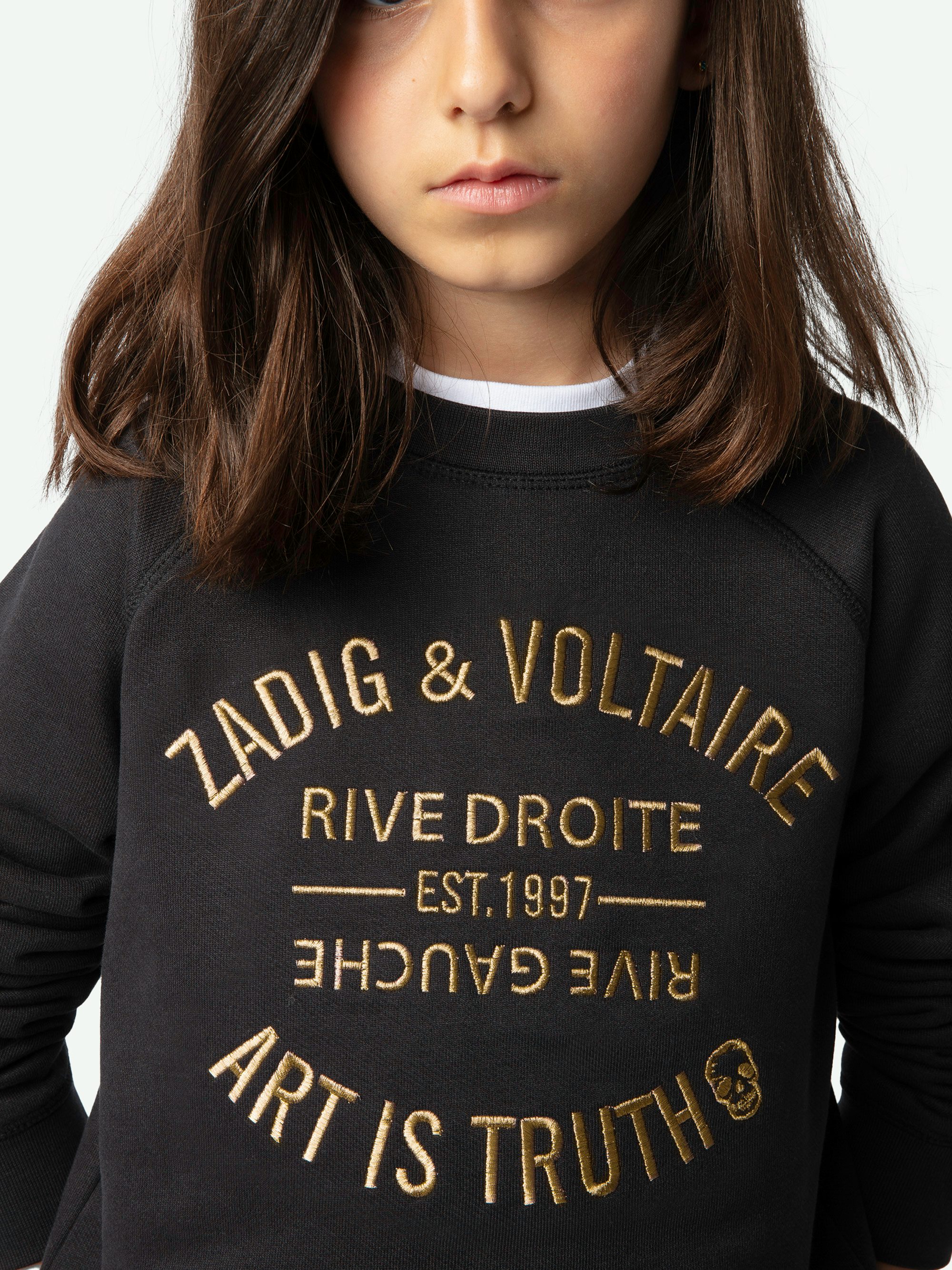 Felpa Upper Ragazza - Felpa nera in molleton di cotone biologico con maniche lunghe e ricamo stemma metallizzato da ragazza.